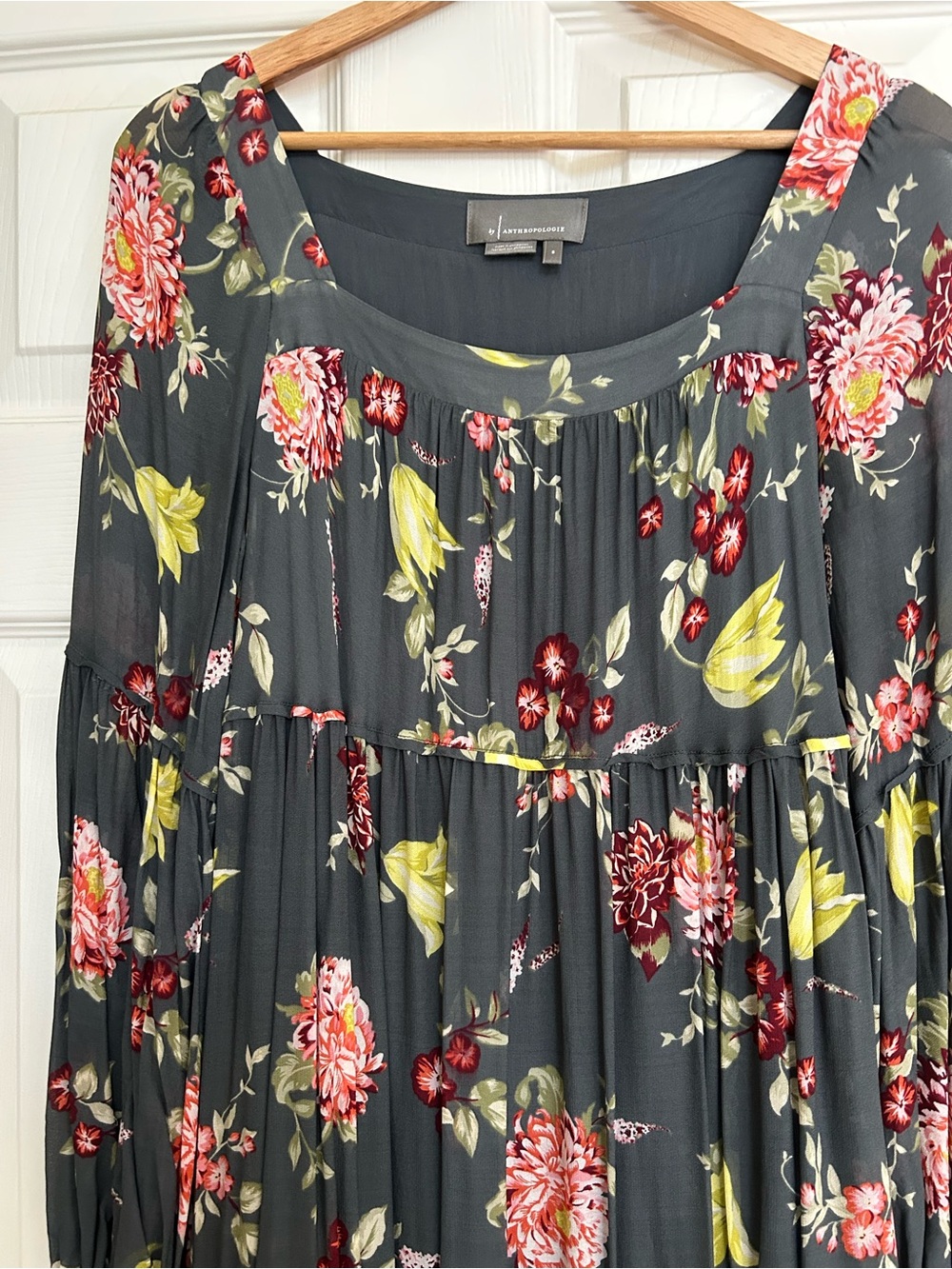 Anthropologie Green Floral Tiered Maxi Dress with Pink and Yellow Blooms